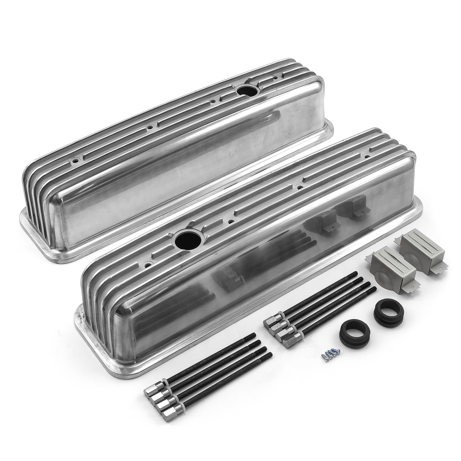 Speedmaster® PCE314.1075.02 Chevy SBC 350 Center Bolt Nostalgic Finned Aluminum Valve Covers - Tall w/Hole
