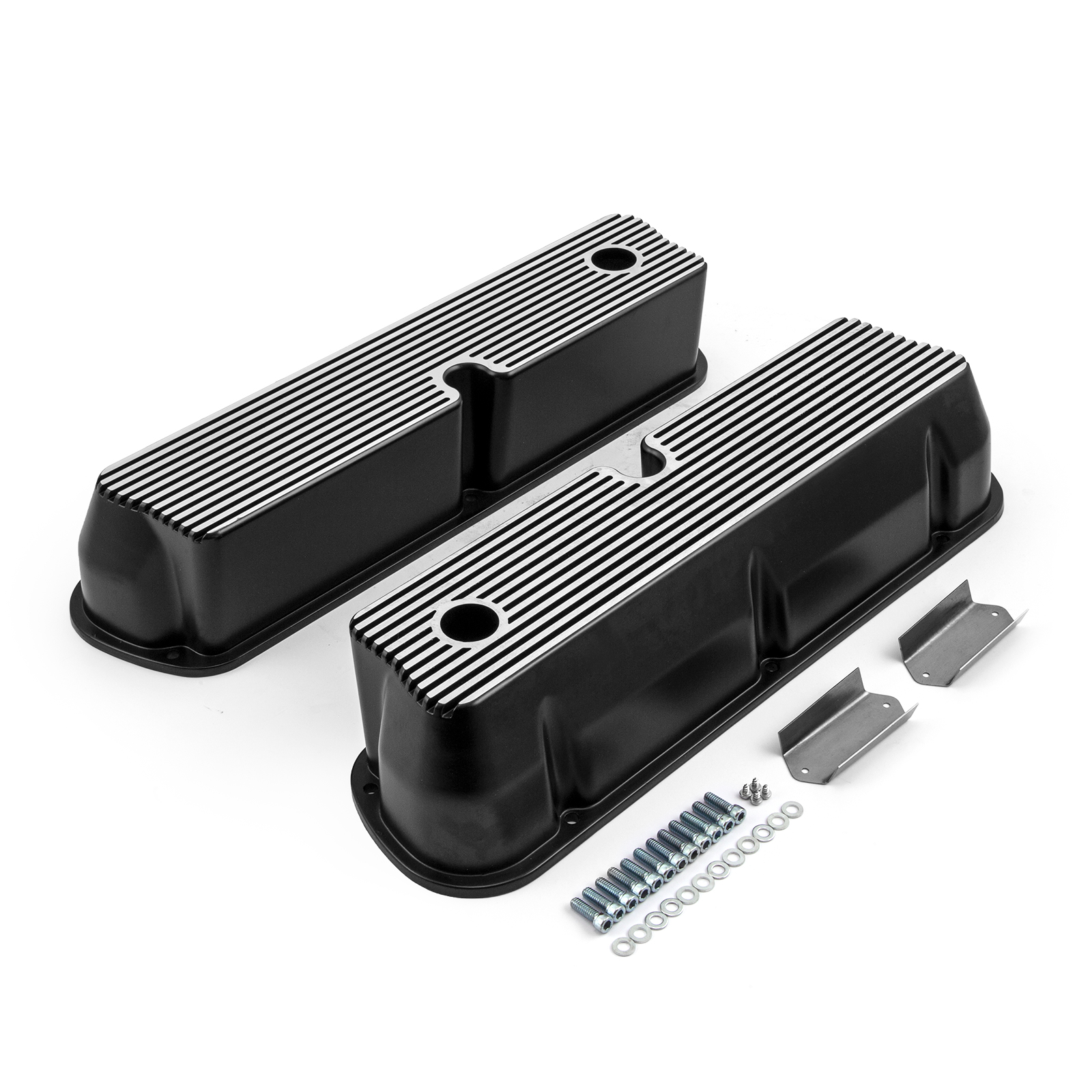 Ford SB 289 302 351 Windsor Black Aluminum Ribbed Valve Covers Tall w/Hole