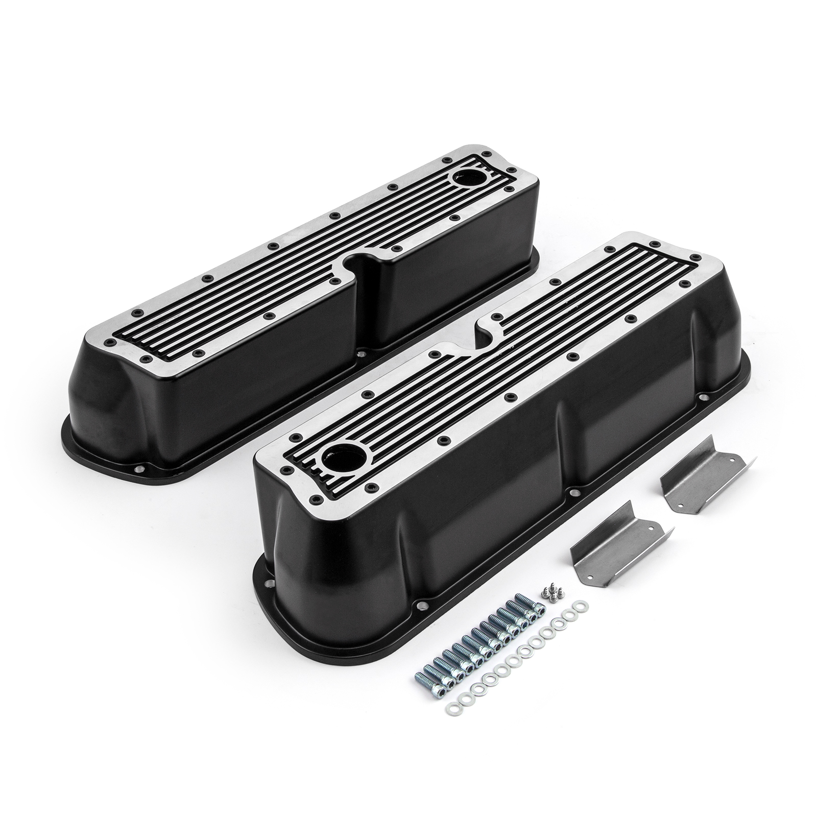 Speedmaster® PCE314.1083.17 Ford SB 289 302 351 Windsor Black Ribbed Aluminum Valve Covers - Tall w/Hole