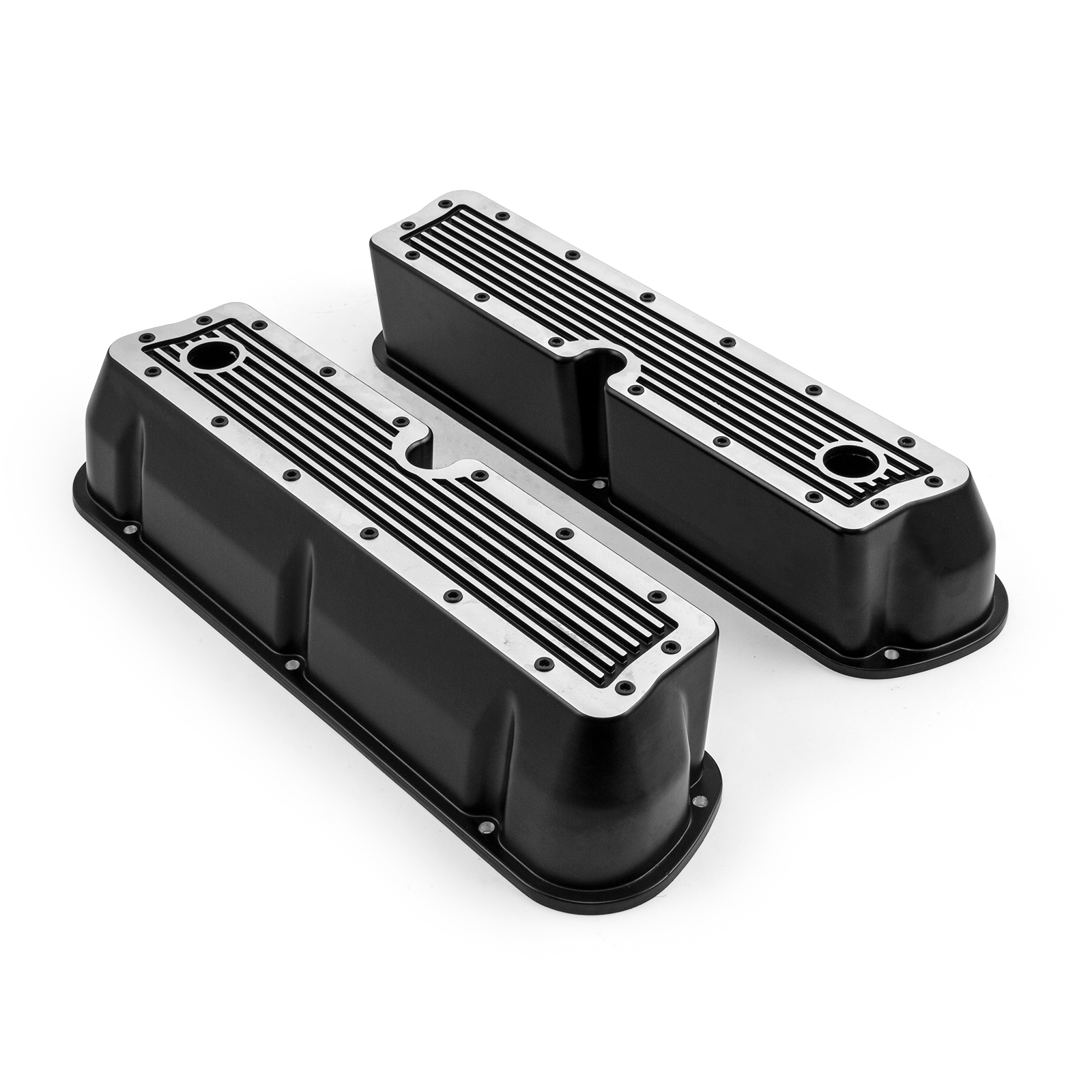 Speedmaster® PCE314.1083.17 Ford SB 289 302 351 Windsor Black Ribbed Aluminum Valve Covers - Tall w/Hole
