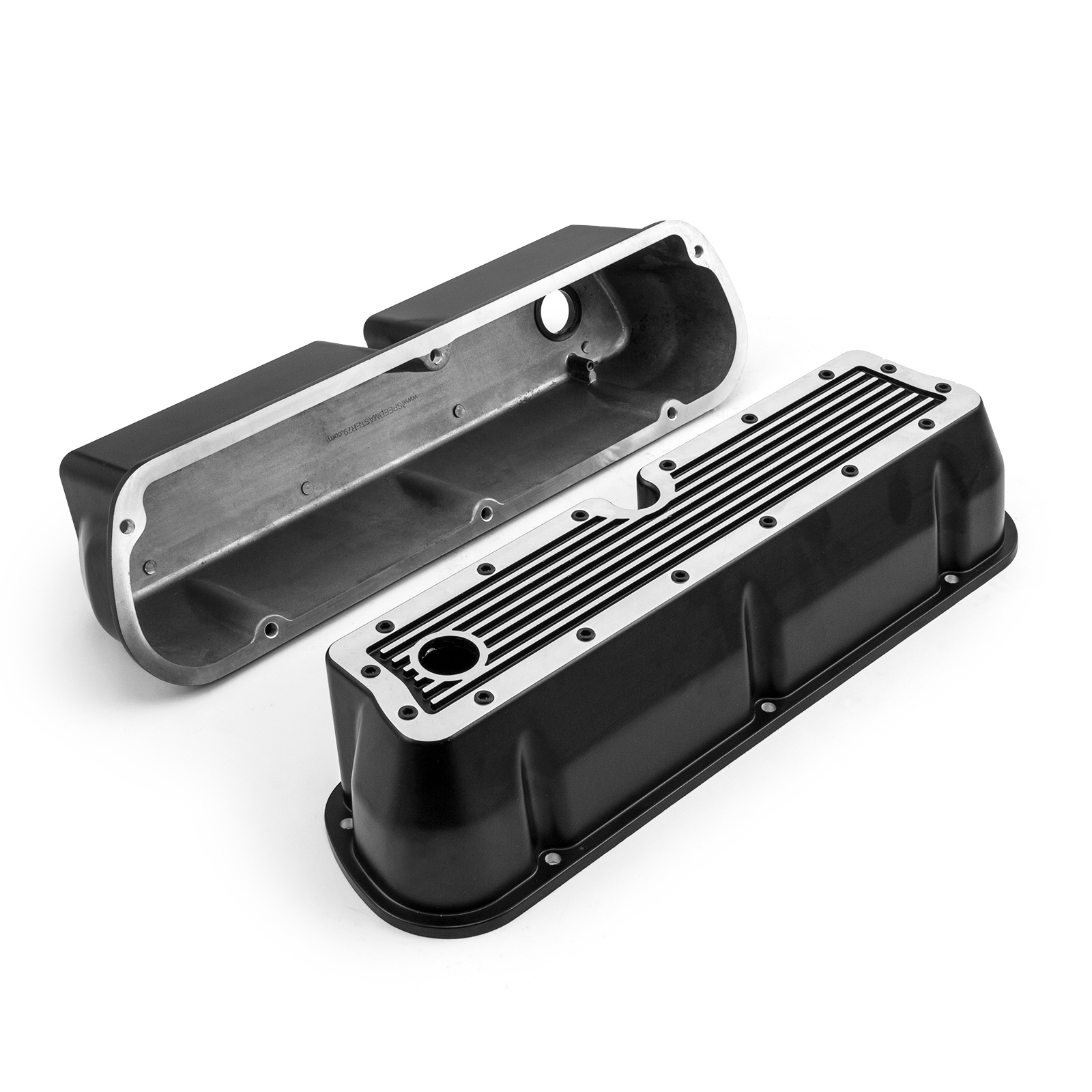 Speedmaster® PCE314.1083.17 Ford SB 289 302 351 Windsor Black Ribbed Aluminum Valve Covers - Tall w/Hole