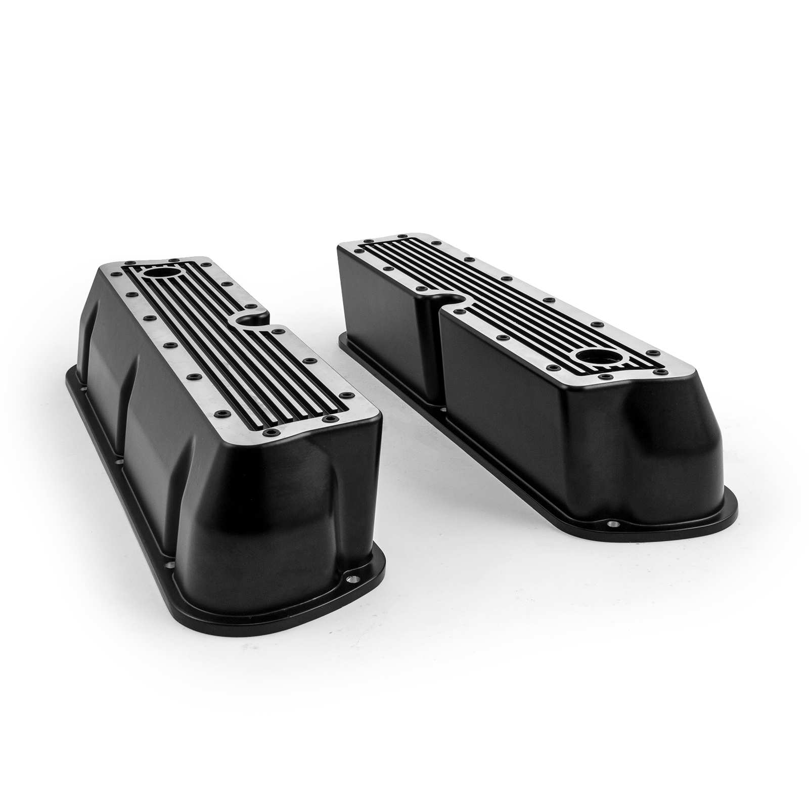 Speedmaster® PCE314.1083.17 Ford SB 289 302 351 Windsor Black Ribbed Aluminum Valve Covers - Tall w/Hole